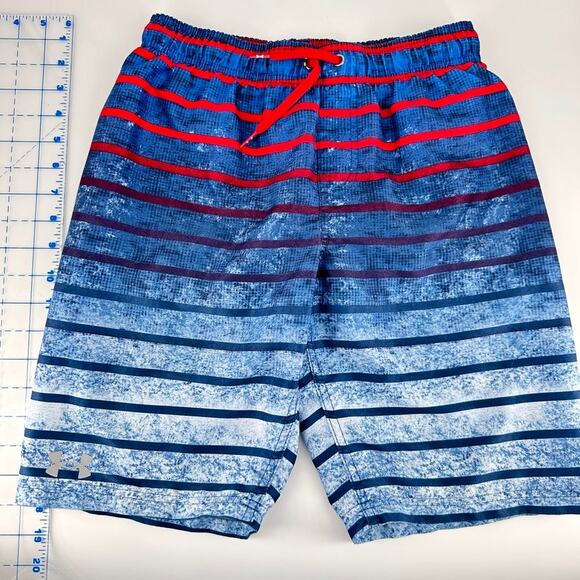 Under Armour Boys Swim Trunks YXL Blue Red Stripe Lined Mesh Shorts - Picture 1 of 8